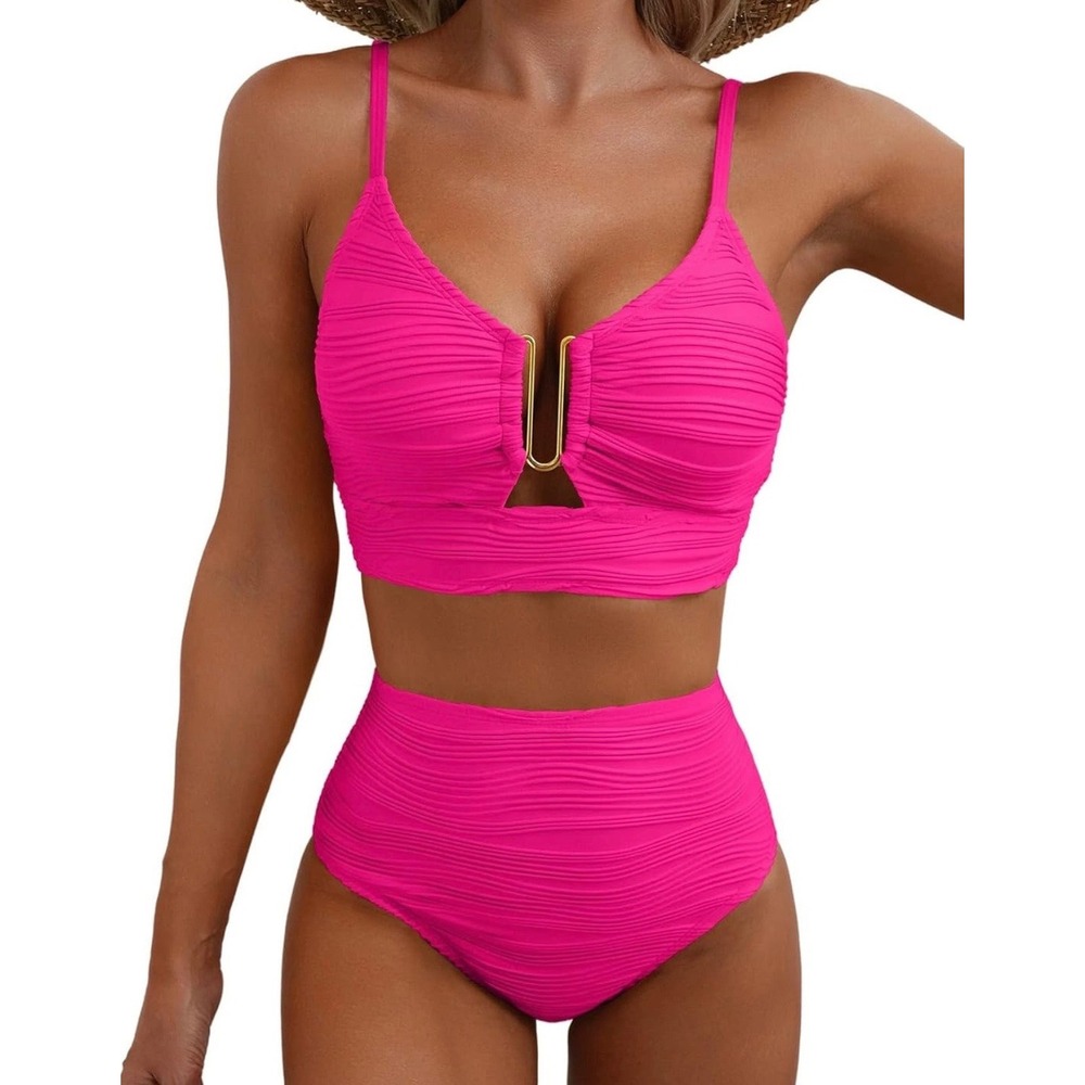 Herseas Hot Pink  High Waisted Bikini Set Gold Hardware Two Piece Swimsuit
